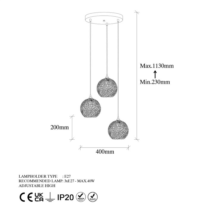 Opviq Lámpara de Araña de Metal Negro con Altura Ajustable Opviq Lámpara de Araña de Metal Negro con Altura Ajustable